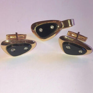 Sarah Coventry Vintage Gold Tone Black & CZ Rhinestone Cuff Links & Tie Clip
